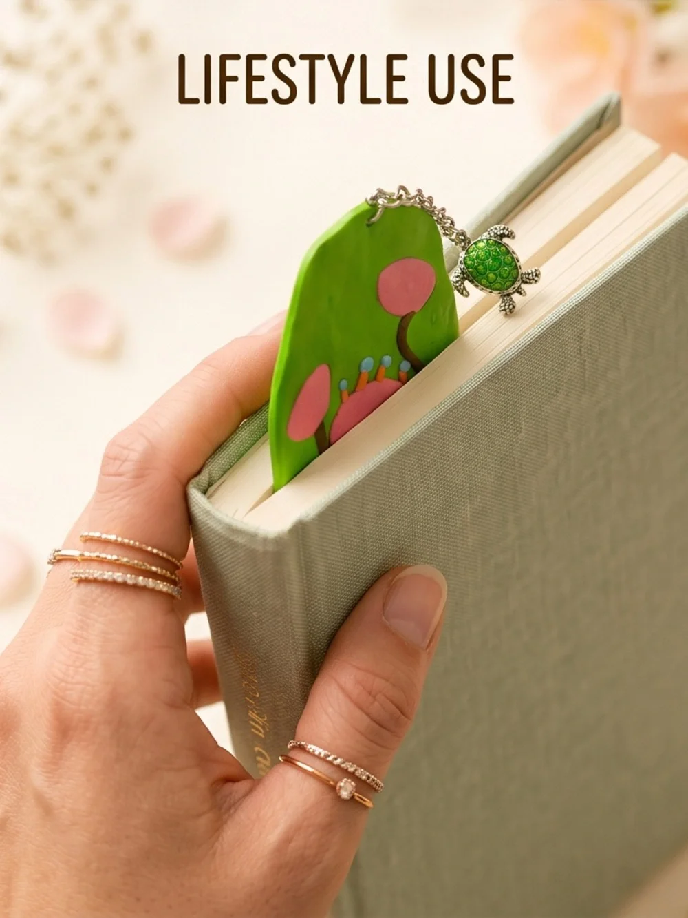 Green Floral Bookmark Charm with Turtle Tassel